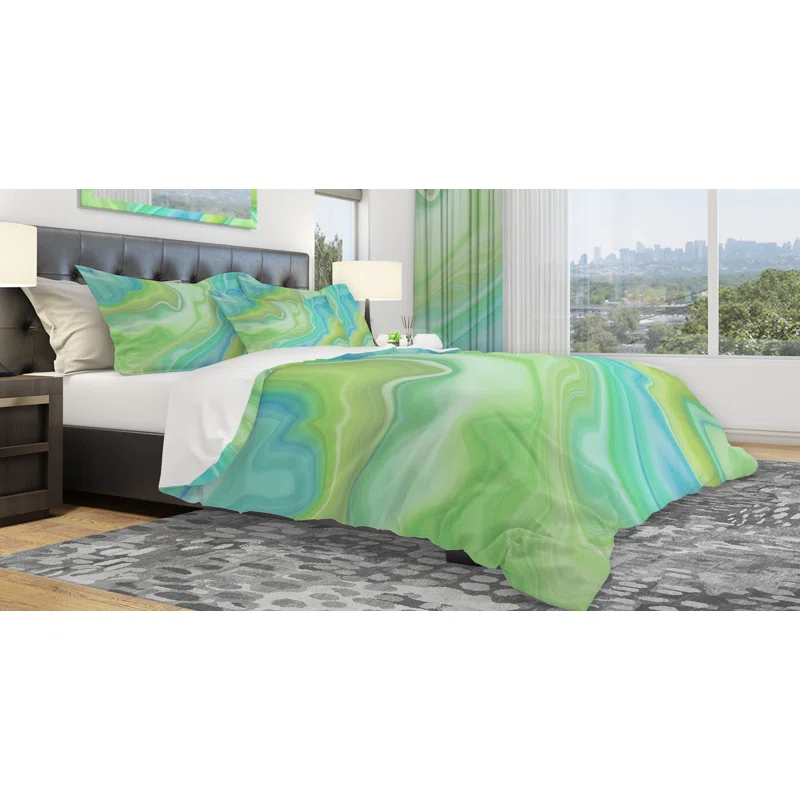Design Art Marbled Colors in Shades of Green and Blue - Modern Abstract Duvet Cover Set - Microfiber Polyester