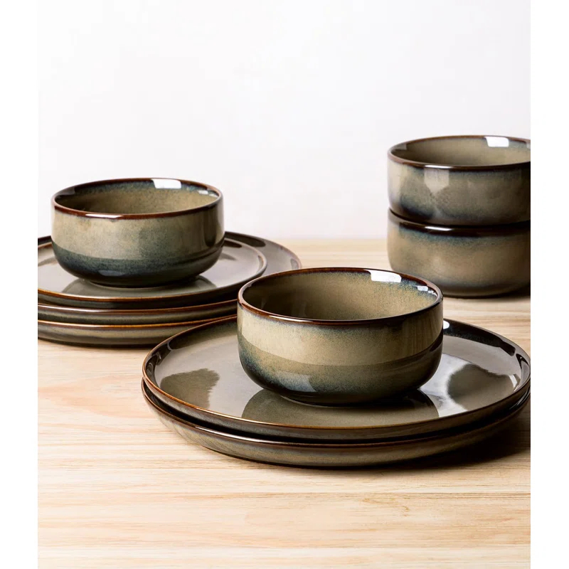 One Allium Way® 12-Piece Reactive Glaze Plate and Bowl Set, 4-Person Dinnerware Set, Scratch Resistant Dinnerware Set