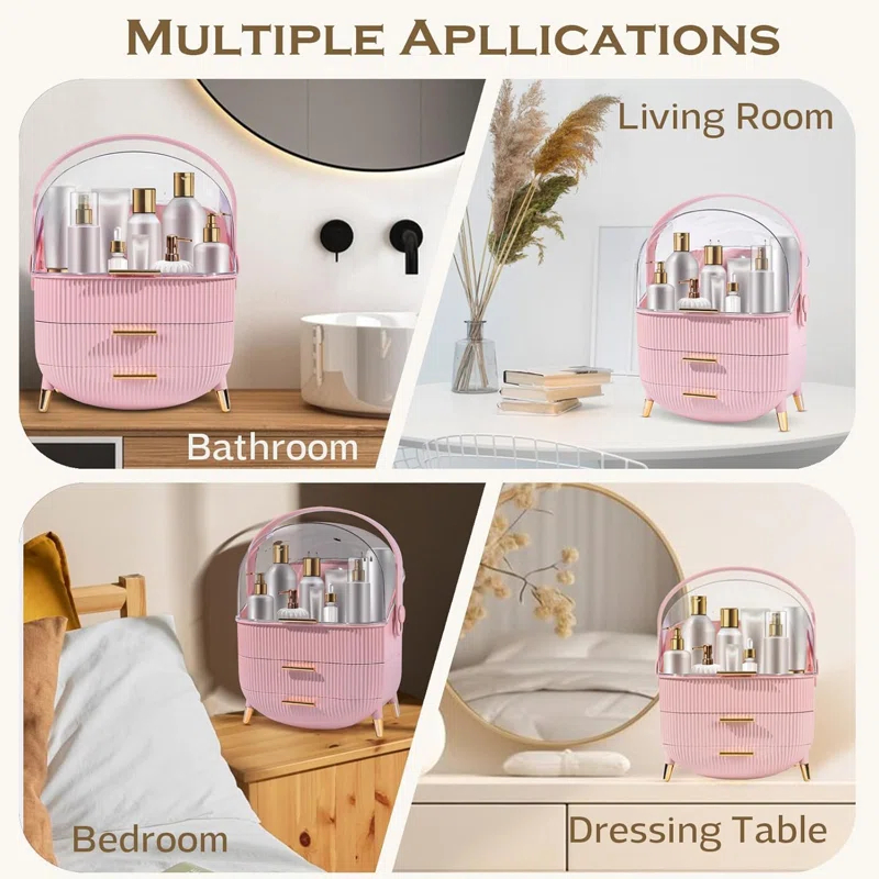 Rebrilliant Makeup Organizers And Storage, Make Up Organizer For Vanity Cosmetics Skincare Organizers With Lid And Drawers Display Cases For Countertop(Pink)