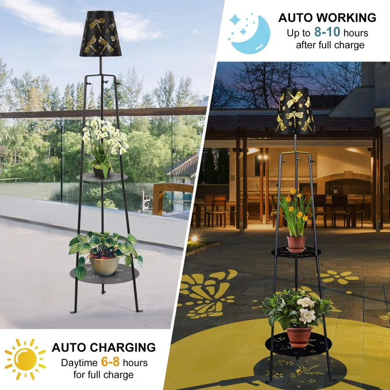 TULGIX Outdoor Metal Solar Floor Lamps With 2 Plant Stand