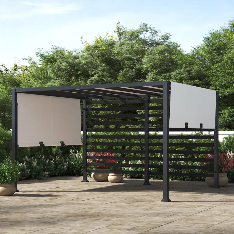 Sunjoy Sunjoy Outdoor Pergola 10 x 12 ft. Steel Pergolas with White Adjustable Shade and Privacy Screen for Backyard