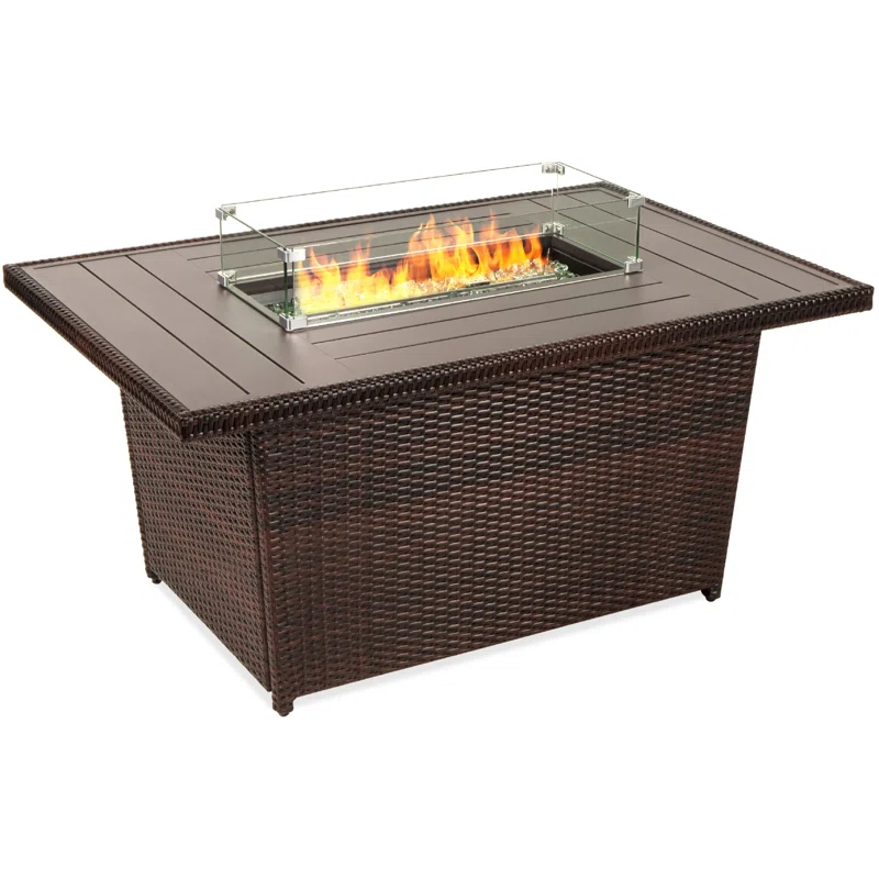 Wicker Propane Fire Pit Table, 50,000 BTU W/ Glass Wind Guard, Cover - 52In
