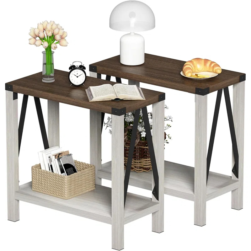 Gracie Oaks Farmhouse End Table For Small Spaces, Narrow Side End Table With Storage Shelf, Rustic A-Design Nightstand Sofa Table For Living Room, Bedroom 2 Pack