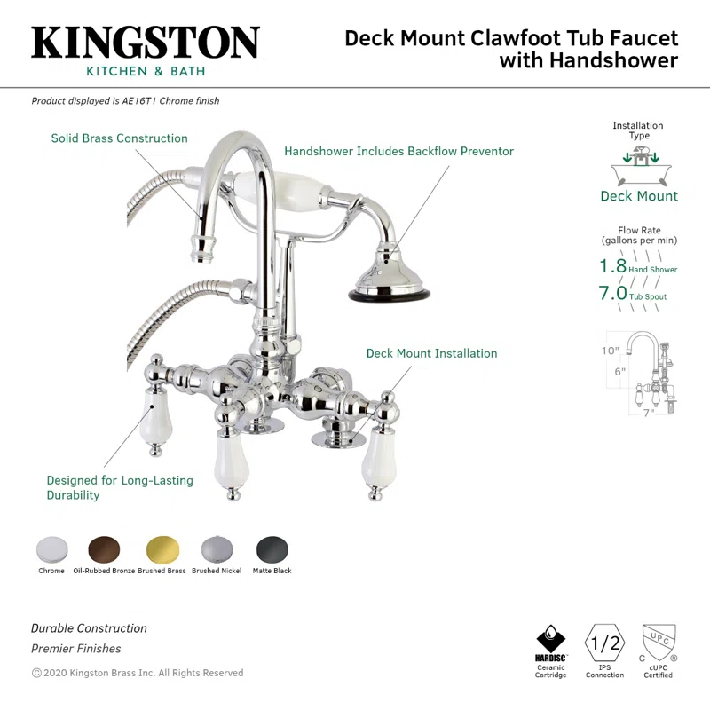 Kingston Brass AE15T7 Kingston Brass Aqua Vintage Three-Handle 2-Hole Deck Mount Clawfoot Tub Faucet with Hand Shower