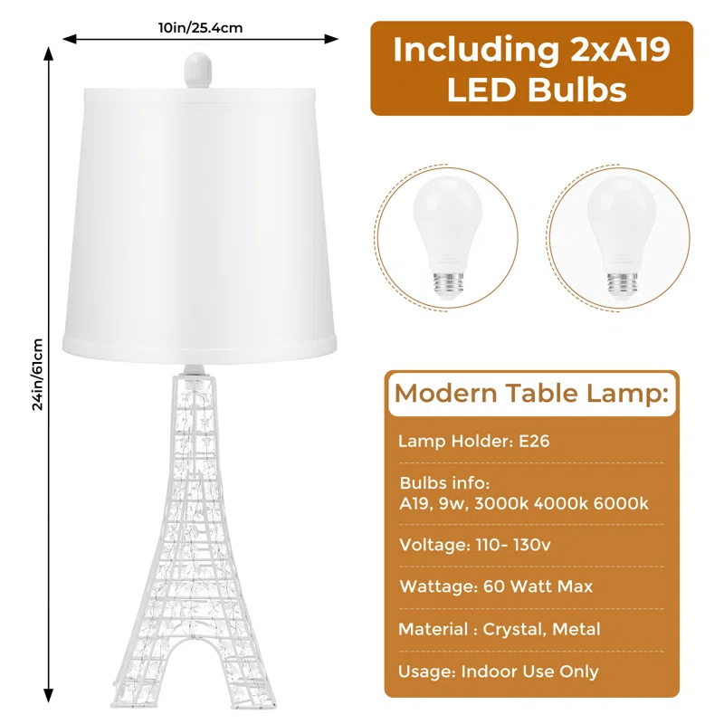Khrysten 24" Modern Crystal Table Lamp Paris Tower Base with 3-Color Temperature Bedside Table Lamp (Bulbs Included) (Set of 2)