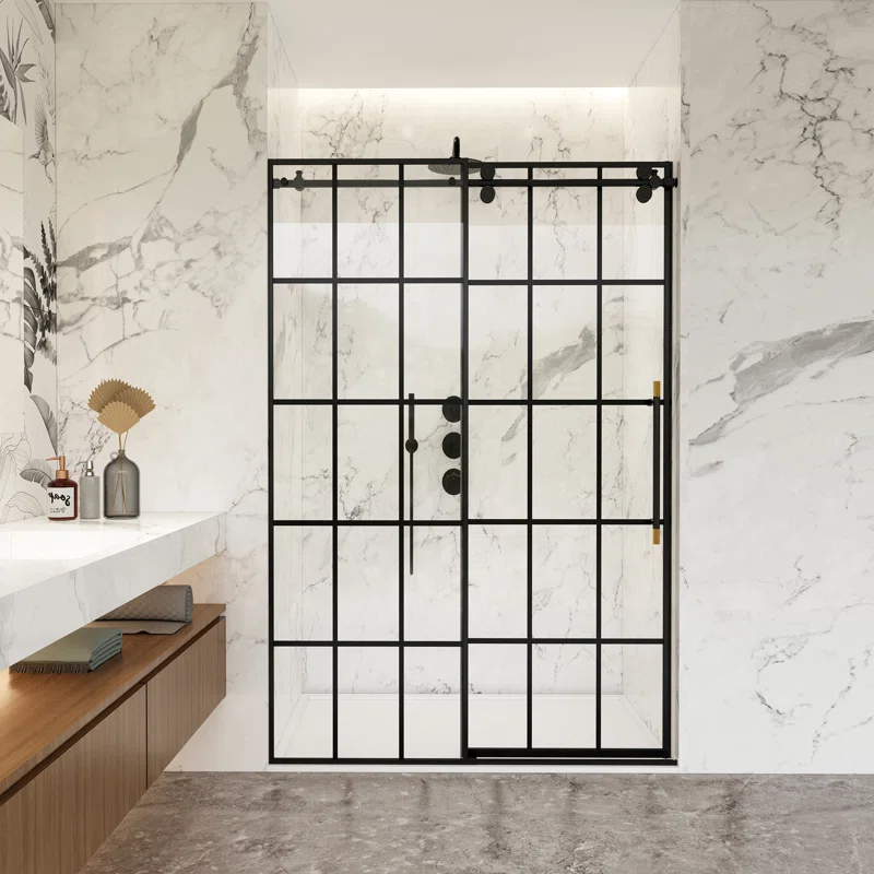 Puente 48" W x 78" H Single Sliding Frameless Shower Door in Matte Black