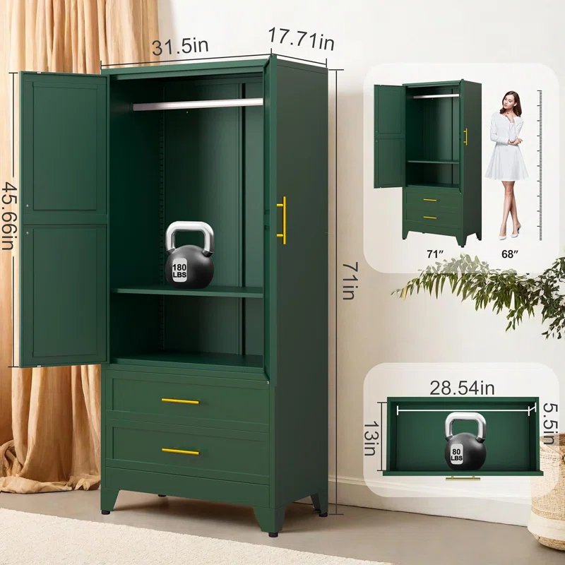 Mercer41 Melbreak Metal Modern Freestanding Wardrobe Armoire With Hanging Rod And Drawers