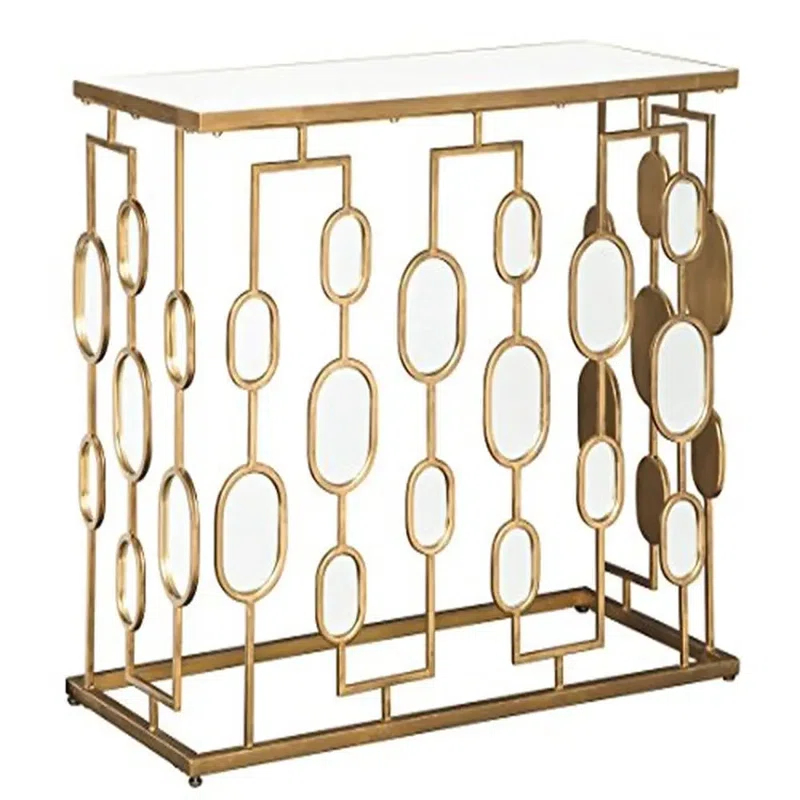 Everly Quinn Mirrored Glass Top Console Table Gold Finish