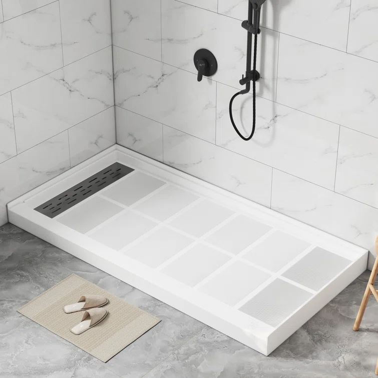 CASAINC 60"W 30/32"D Single Threshold SMC Shower Base Anti-Slip Shower Pan with Drain Assembly & Drain Cover CABR2501WH6030L