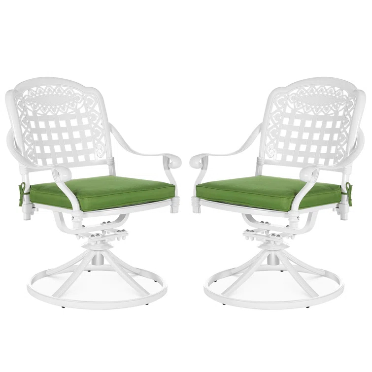 VIVIJASON Vivijason Patio Swivel Dining Chairs Set Of 2, All Weather Cast Aluminum Outdoor Dining Rocker Chairs, Patio Furniture Chair Set With Cushion For Balcony, Lawn, Garden, Backyard, White/green Cushion
