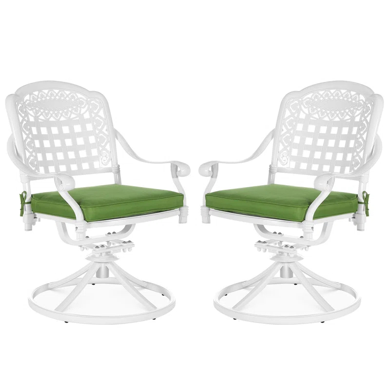 VIVIJASON Vivijason Patio Swivel Dining Chairs Set Of 2, All Weather Cast Aluminum Outdoor Dining Rocker Chairs, Patio Furniture Chair Set With Cushion For Balcony, Lawn, Garden, Backyard, White/green Cushion