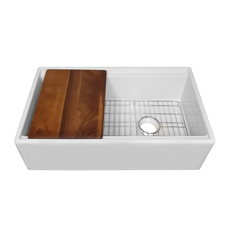 Whitehaus Collection Front Apron Single Bowl Fireclay Kitchen Sinks with Cutting Board and Grid