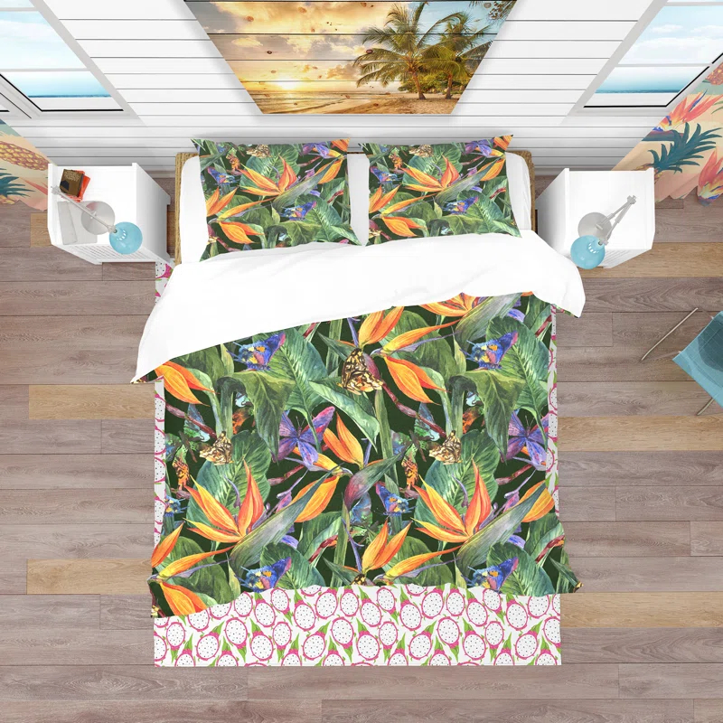 Design Art Tropical Pattern with Exotic Flowers - Tropical Floral Duvet Cover Set - Microfiber Polyester