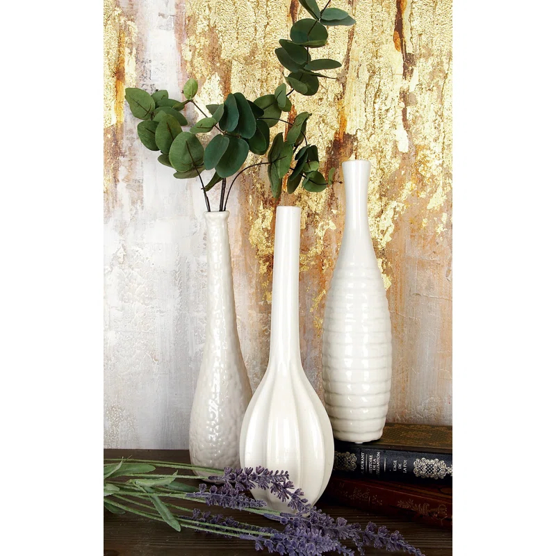 Ceramic Slim Textured Bottleneck Decorative Vase with Varying Patterns Set