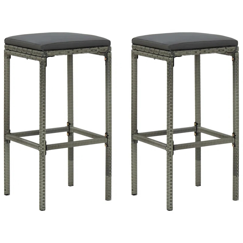 Benjara Outdoor Barstool Set Of 2 With Cushions, Gray Poly Rattan And Steel (Set of 2)