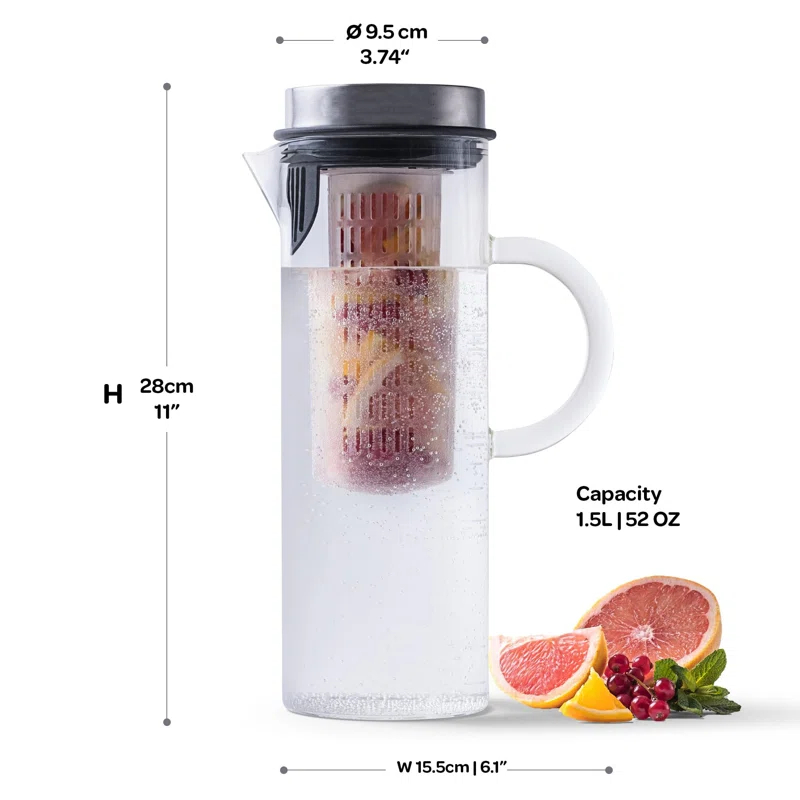 MODERN WALLS LLC B07WS8D4KF Cold Brew Coffee Maker - Large Glass Infusion Pitcher 1.6 Quarts 52Oz - Iced Coffee & Iced Tea Pitcher With Stainless Steel Lid & Fruit Infusion Tube - Perfect For Home Or Office