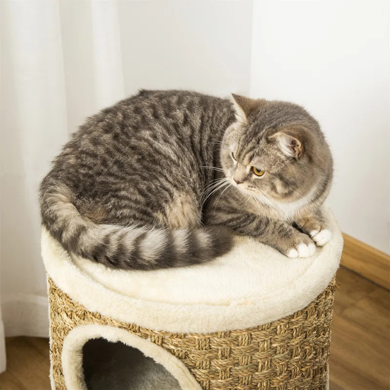 George Oliver 28 Inch Cat Condo, 3 Story Cat Hideaway with Sisal Scratching Pad, Barrel Shaped Small Cat Tree