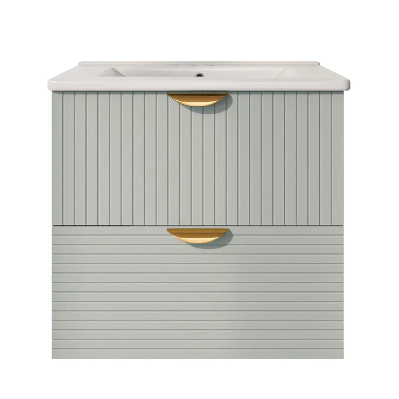 Tryimagine Modern 24-Inch Wall-Mounted Bathroom Vanity With 2 Drawers, Green - Ideal For Small Bathrooms