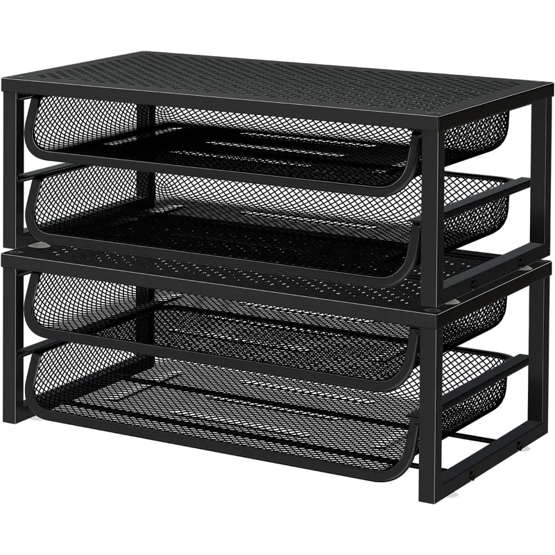 Inbox Zero 2 Pack 2-Tier Metal Monitor Stand Riser And Computer Desk Organizer With 2 Drawer For Laptop, Computer, Imac, Black