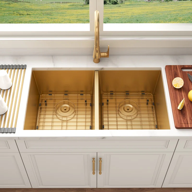 Blenzia 32 Inch Gold Double Bowl Kitchen Sink Undermount 50/50 Stainless Steel 16 Gauge Sinks 32" X 18" X 10"