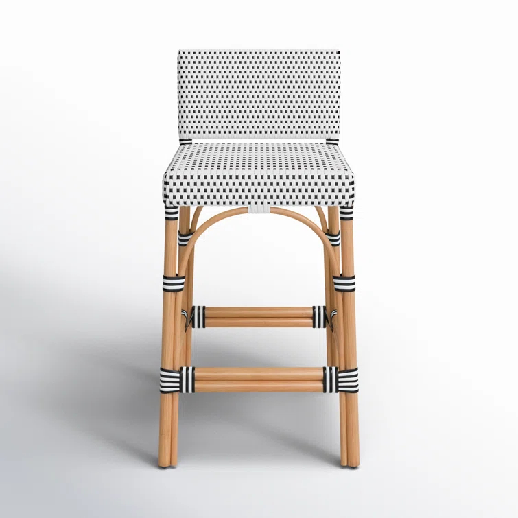 White and Navy Dot Rattan Low Back Counter Stool