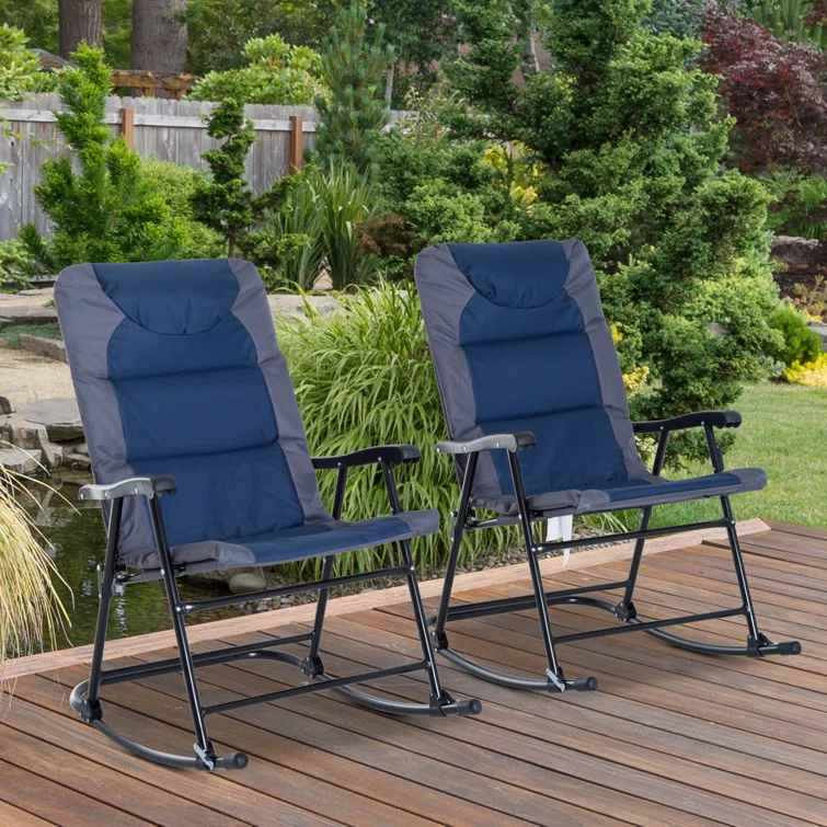 Arlmont & Co. Garrett 2 Piece Outdoor Patio Furniture Set with 2 Folding Padded Rocking Chairs, Bistro Style for Porch, Camping, Balcony (Set of 2)