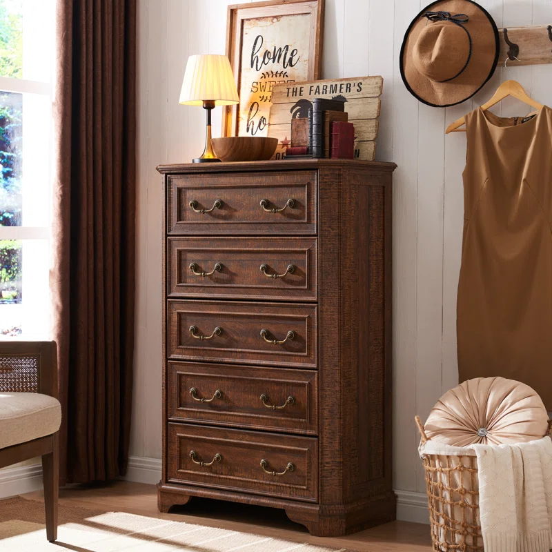 Laurel Foundry Modern Farmhouse® Theron Farmhouse 5 Drawer Bedroom Dresser, Wood Tall Chest of Drawers, Closet Storage for Bedroom