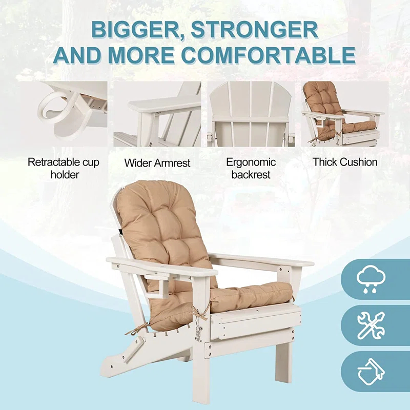 Winston Porter Folding Adirondack Chairs With Cushion, Hdpe Oversized Patio Chair Weather Resistant