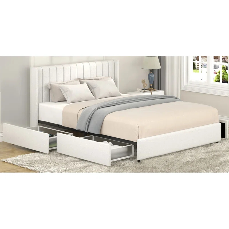 Latitude Run® Queen Size Ivory Boucle Bed Frame, Upholstered Platform Bed With 4 Drawers Storage, Tufted Headboard, Wooden Slat Mattress Support, No Box Spring Needed