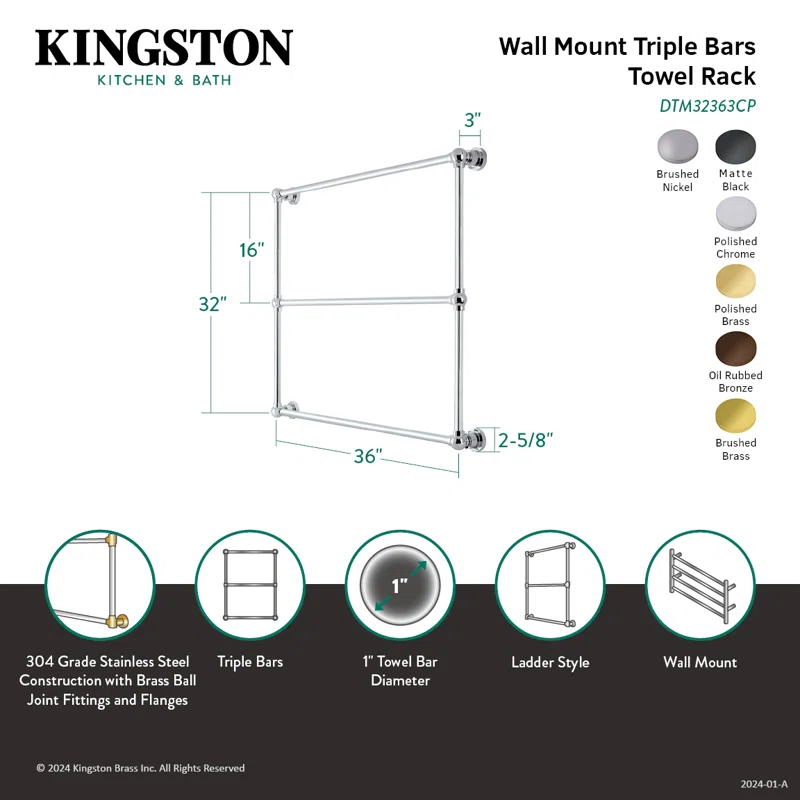Kingston Brass DTM32363BB Kingston Brass Palatine 36-Inch Wall Mount 3-Bar Towel Rack