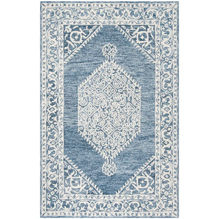 Ophelia & Co. Salerna Micro-Loop Hand Tufted Wool/Cotton Oriental Rug in Ivory/Blue