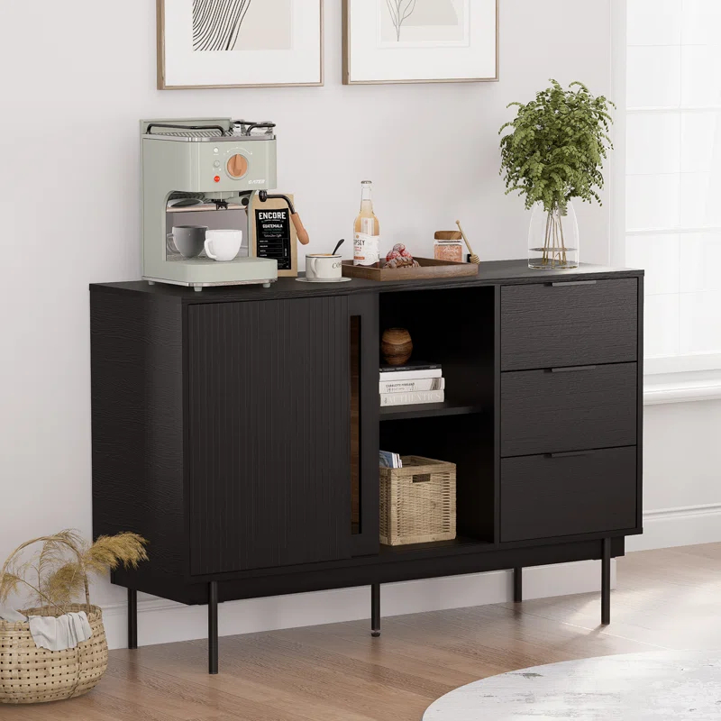Ebern Designs Ebern Designs Sideboard Anetha, 47" X 31.5" Buffet Anetha With Storage, Black Sideboard With 2 Sliding Doors & 3 Drawers, Wood Coffee Bar Entryway Storage For Living Room