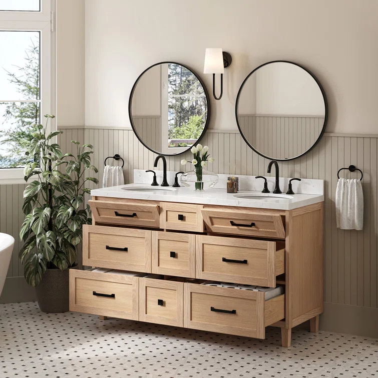 Ariel Bath Ariel Monrow 60 Inch Double Oval Sink Bathroom Vanity With Carrara Quartz Countertop