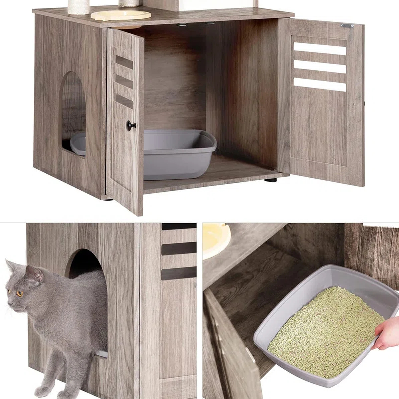 Wood Litter Box Enclosure with Food Station, All-in-one Indoor Cat Furniture with Large Platform and Condo
