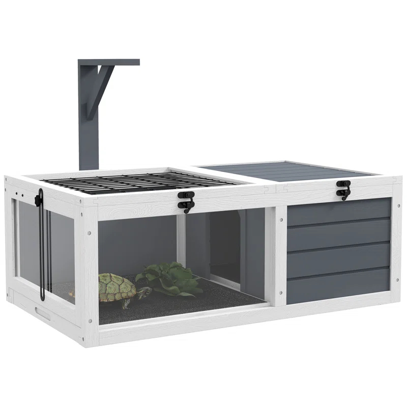 Tucker Murphy Pet™ Tortoise Habitat, Wooden Tortoise House, Indoor Outdoor Tortoise Enclosure With Lamp Holder, Pull-Out Waterproof Trays, Openable Lids, Gray