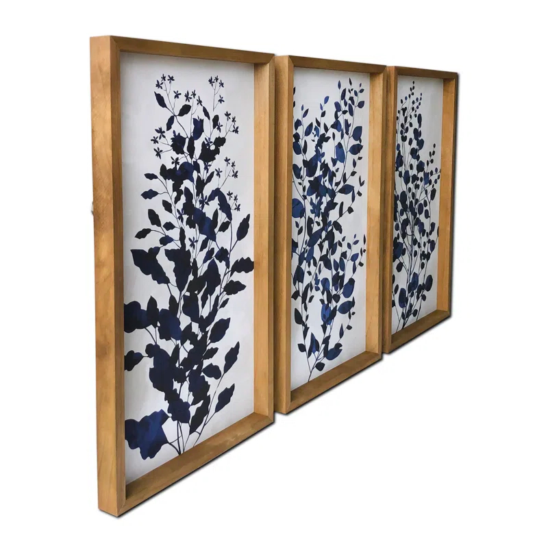 Gracie Oaks "Blue Branches" 3 Piece Large Print on Wood Framed Canvas Wall Art