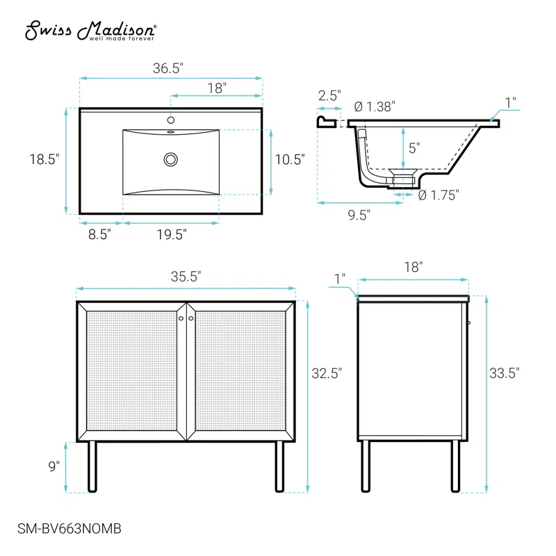 Swiss Madison Classe 36" Freestanding Bathroom Vanity In Natural Oak With 3-Hole Widespread Sink Top