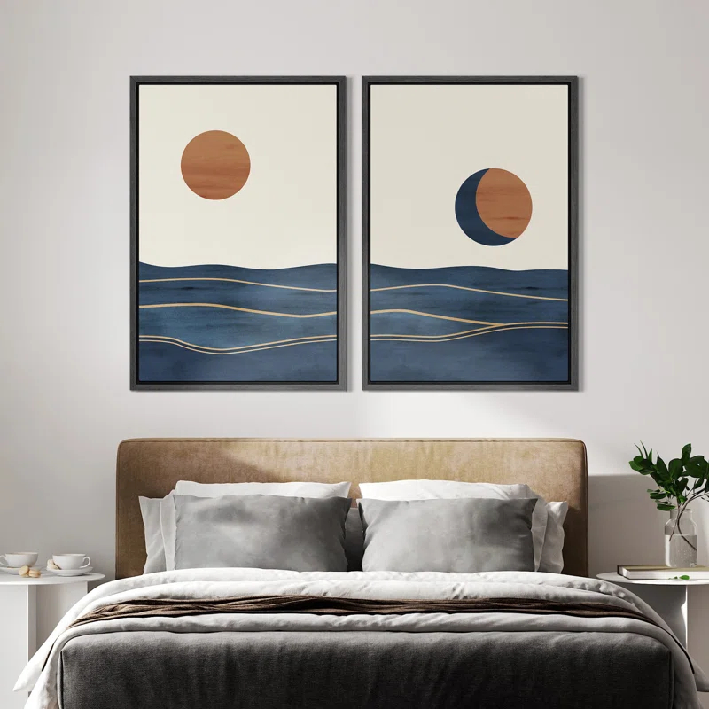 Sun And Moon " Abstract Sun Over Blue Watercolor Ocean Waves Modern Minimalist Landscape " 2 - Pieces