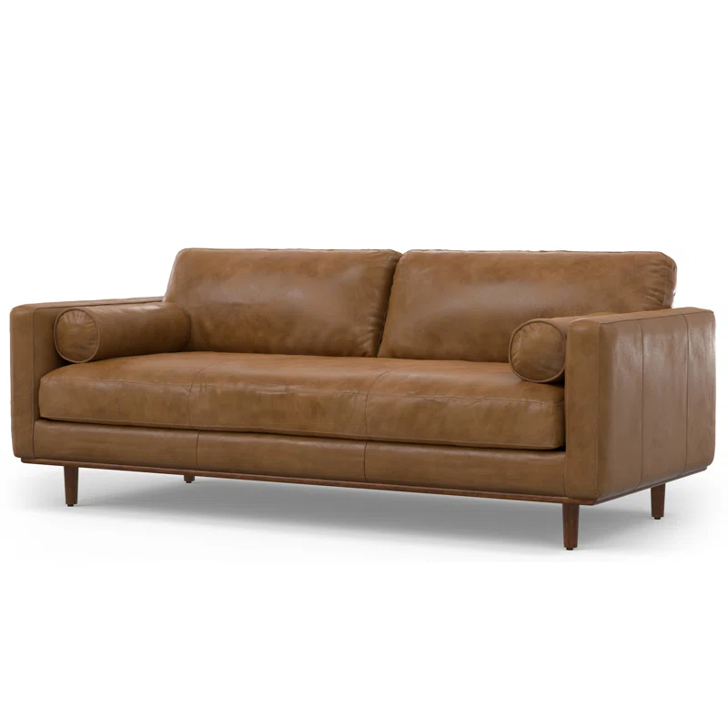 Simpli Home Morrison Genuine Leather Sofa, Mid-Century Modern Couch for Living Room, Handcrafted with Removable Cushions