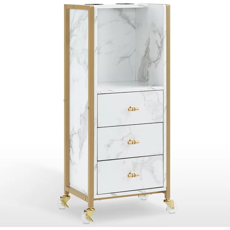 BarberPub Salon Utility Cart with Hair Dryer Holders and 3 Drawers, Lockable Wheels