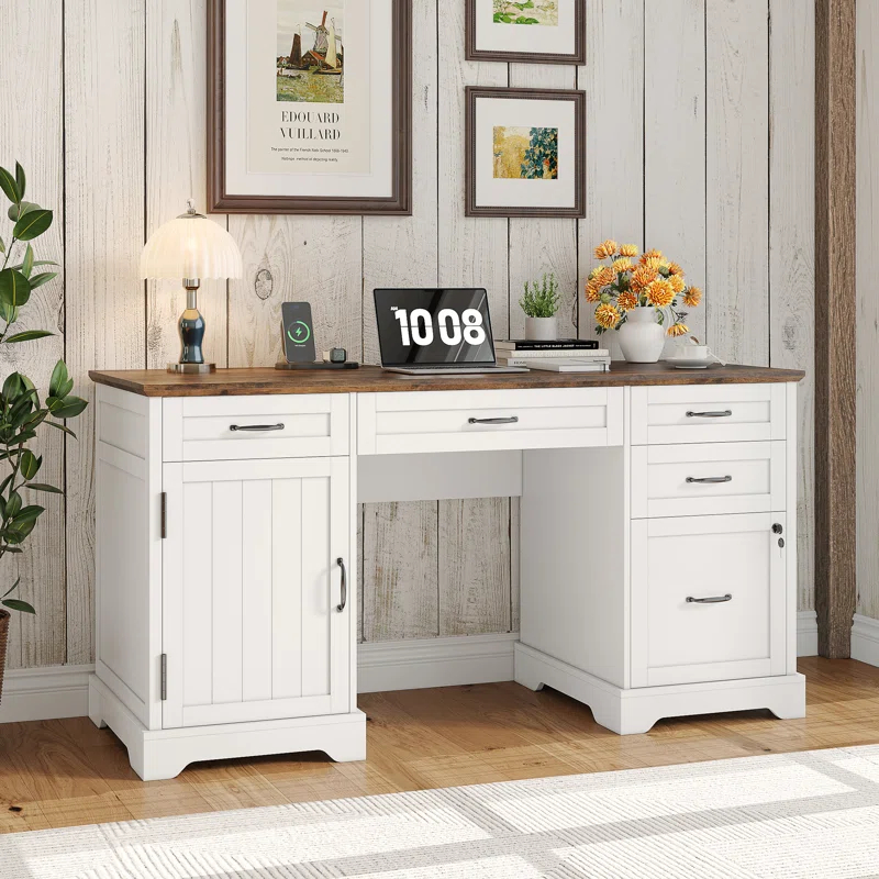 August Grove® 55'' Farmhouse Executive Desk with Drawers, File Cabinet and Power Outlets
