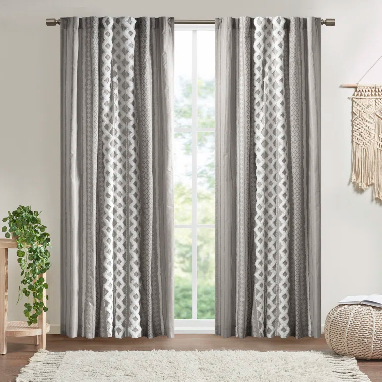 INK+IVY Imani Cotton Printed Boho Single Curtain Panel with Chenille Stripe and Lining