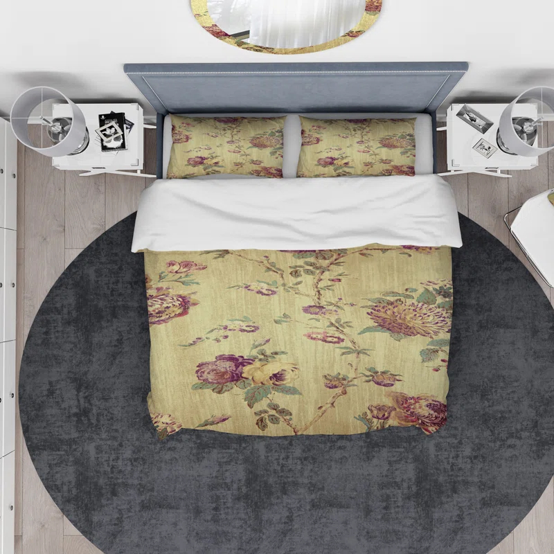 Vintage Purple Flowers - Vintage Floral Duvet Cover Set - Microfiber Polyester