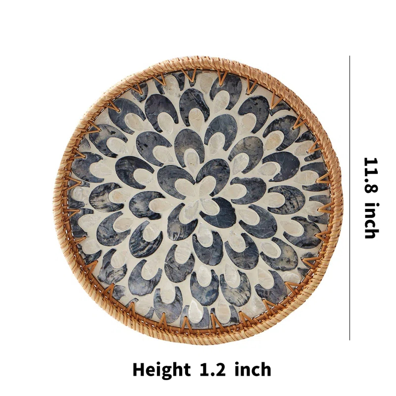 Bayou Breeze Round Rattan Tray With Mother Of Pearl Inlay, Rattan Serving Tray With Wooden Base, Decorative Wicker Basket For Table Decor, Storage And Display Of Coffee Bread Food Fruit