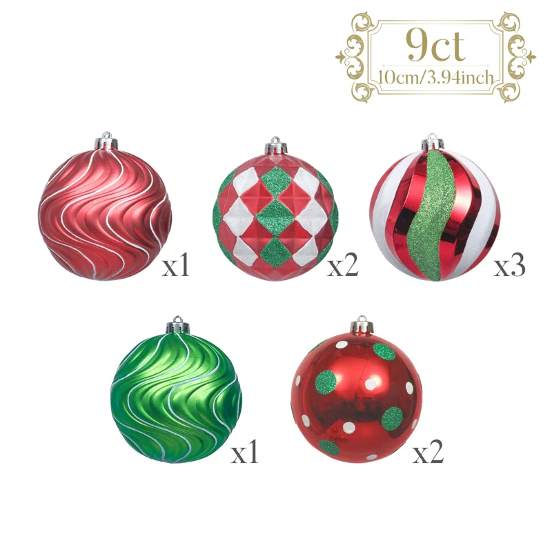 Christmas Tree Ornaments Set, 9Ct Red Green White Shatterproof Christmas Tree Decorations Bulk, 3.94 Inch Whimsical Large Hanging Ball Ornaments For Xmas Trees Holiday Party Decor