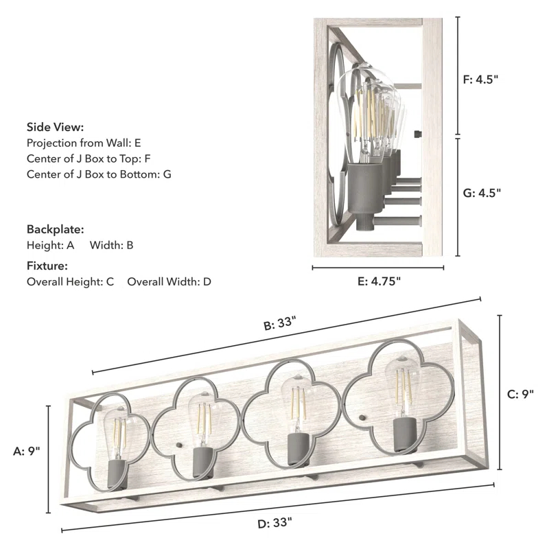 Hunter Fan Gablecrest 4 Light  Flush Mount Bathroom Vanity Wall Light Fixture
