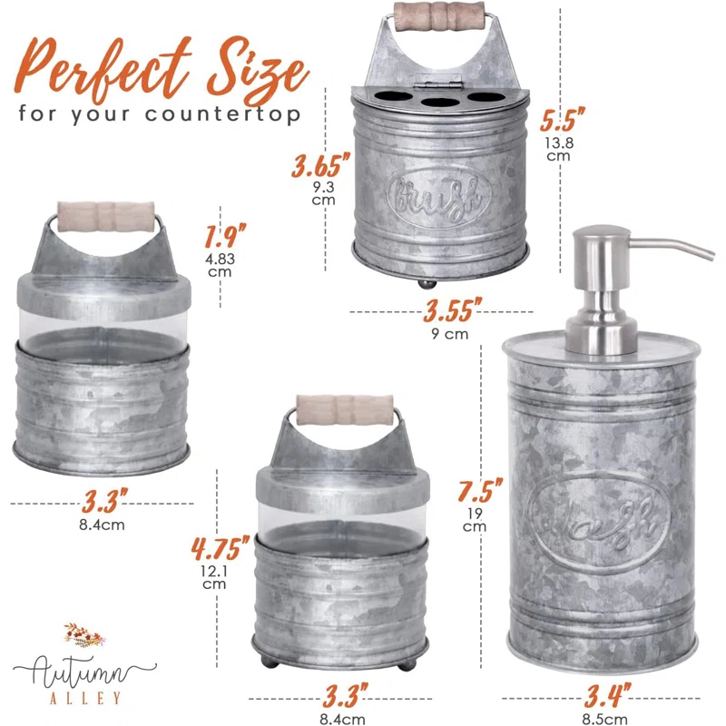 THE GLAMOUR BOUTIQUES Rustic Bathroom Accessories Set 4 - Galvanized Soap Dispenser, Rustic Toothbrush Holder, 2 Apothecary Jars Qtip Holder - Rustic Bathroom Decor – Farmhouse Bathroom Accessories