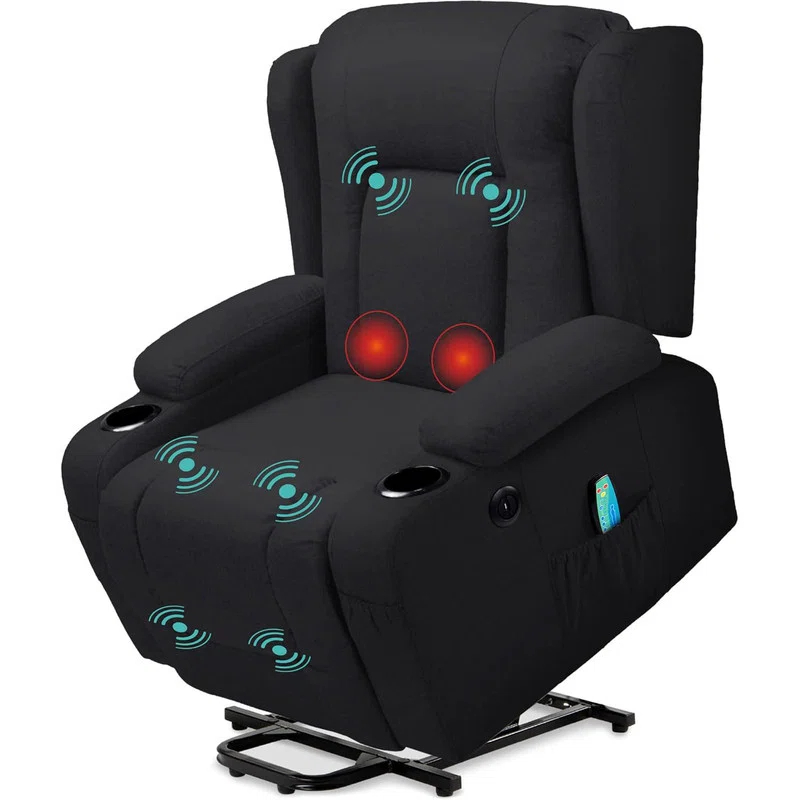 Hokku Designs Modern Linen Electric Power Lift Chair, Recliner Massage Chair, Adjustable Furniture for Back, USB Port, Heat, Cupholders