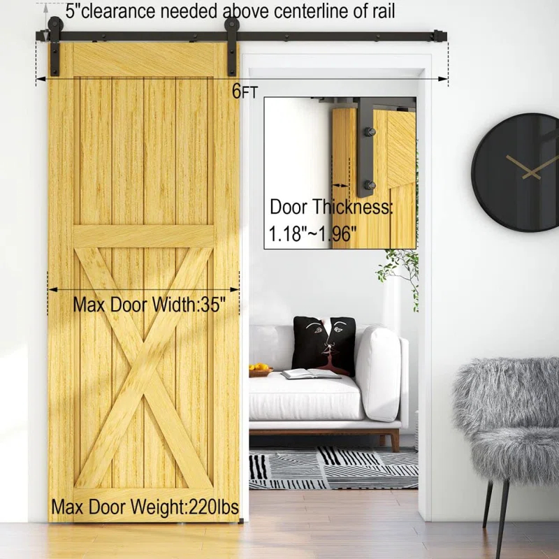 MARLIN MANUFACTURING COMPANY, INCORPORATED 6FT Sliding Barn Door Hardware Kit For Single Wood Door, Smoothly And Quietly, Easy To Install Fit 35" Wide And 1.18"-1.96" Thickness Door Panel, Includes Installation Instruction