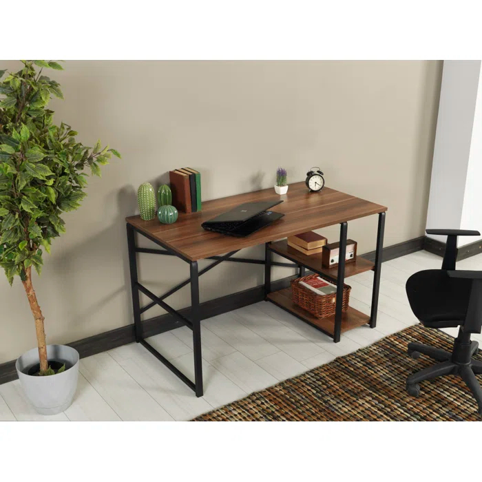 Sage Black Metal Frame 47" Wooden Top 2 Shelves Writing and Computer Desk for Home Office, Walnut